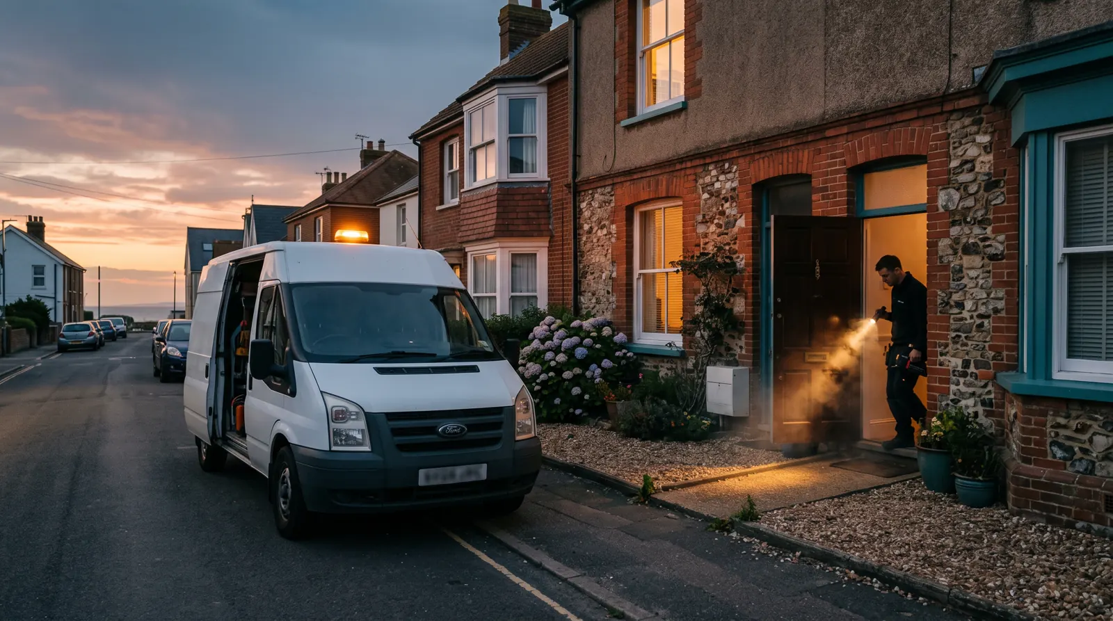 Electrician's van with amber beacon outside a house at dusk