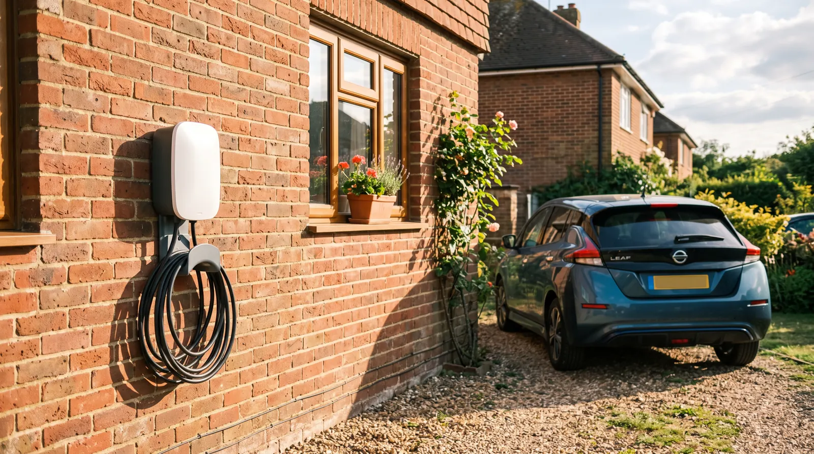 Wall-mounted EV chargepoint fitted to the outside of a brick house